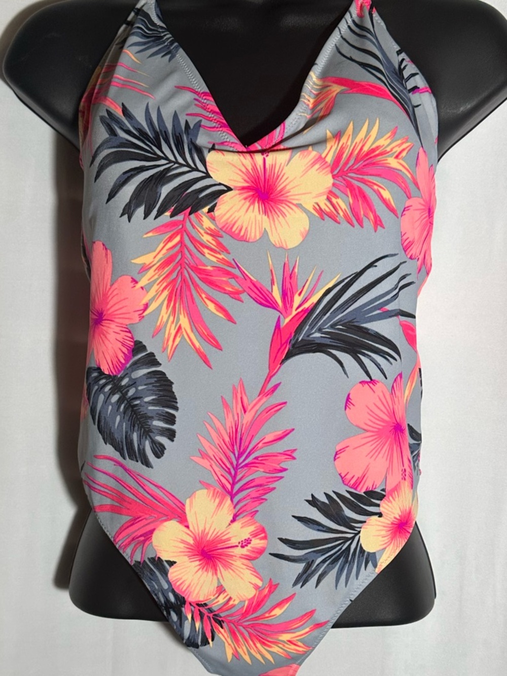 PINK Victoria's Secret MED Gray One-Piece Swimsuit  Pink & Yellow Floral Print